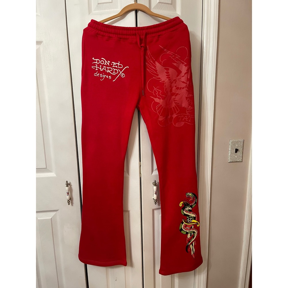 Ed Hardy Red Tattoo Graphic Sweatpants Tiger Eagle Snake Women Small NEW